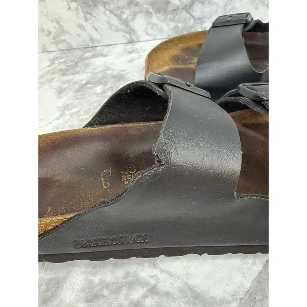 BIRKENSTOCK Arizona Men's Sz 10 Black Leather Two-Strap Sandals Cork Footbed